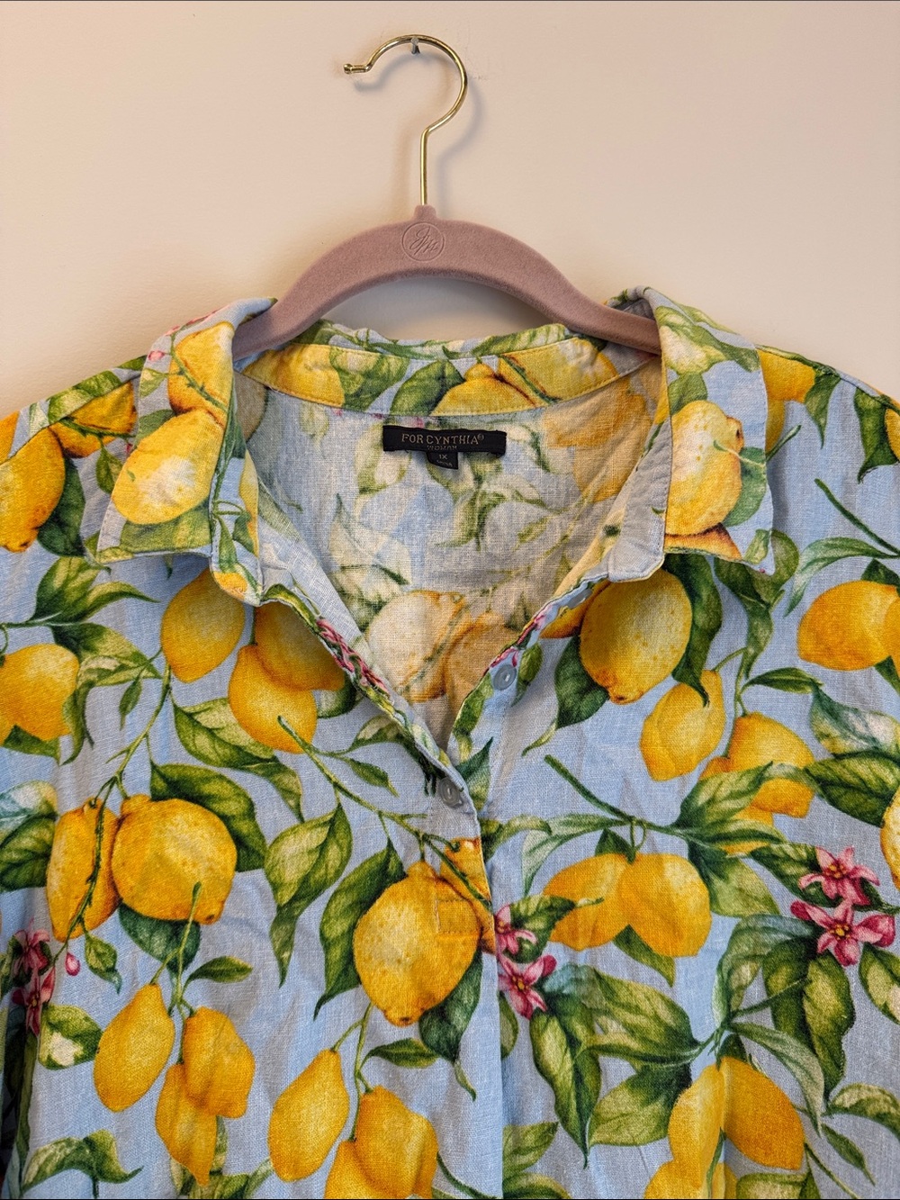 Linen Sleeveless Lemon Print Button-Front Top - Yellow - Picture 2 of 3